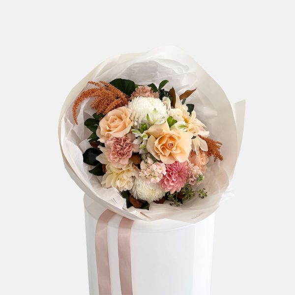 A posy of autumn toned flowers, dahlias, carnations, roses, disbuds, Amaranth. LULLY & ROSE Floral Studios Signature posies available for same day flower delivery Gold Coast