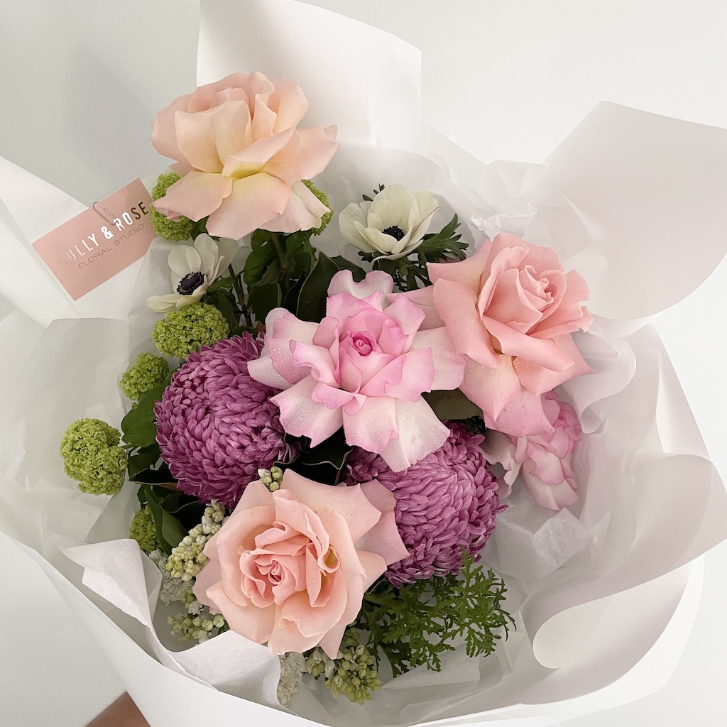 Bouquet of beautiful flowers in peach and pink tones for Gold Coast university hospital flower delivery Gold Coast