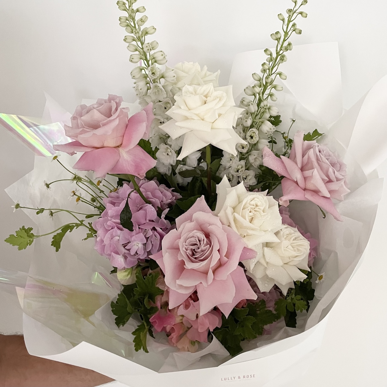 Bouquet of flowers in pink and white flowers from LULLY & ROSE Floral Studio, for same day flower delivery to the Gold Coast