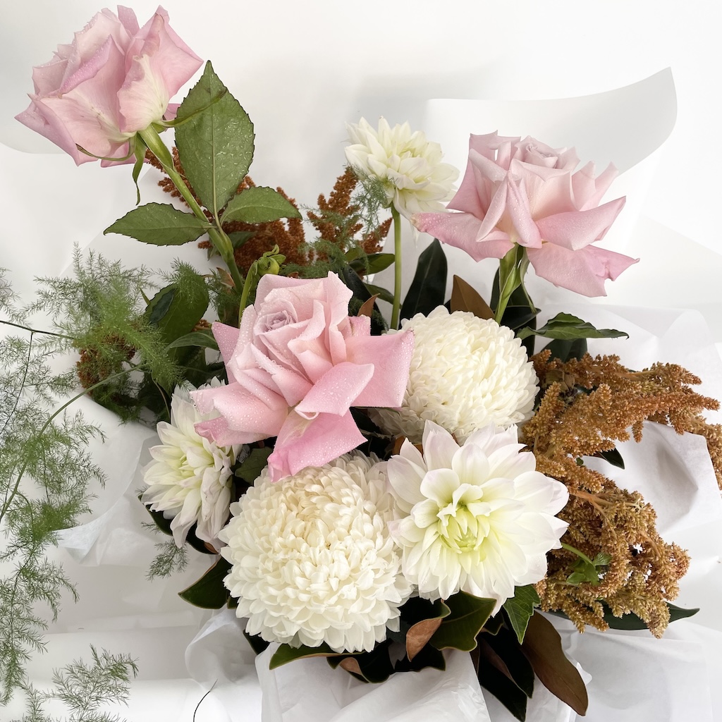 Bouquet of flowers in vintage pink roses, biscuit Amaranthus, and white dahlias from biggera waters florist, LULLY &amp; ROSE Gold Coast florist