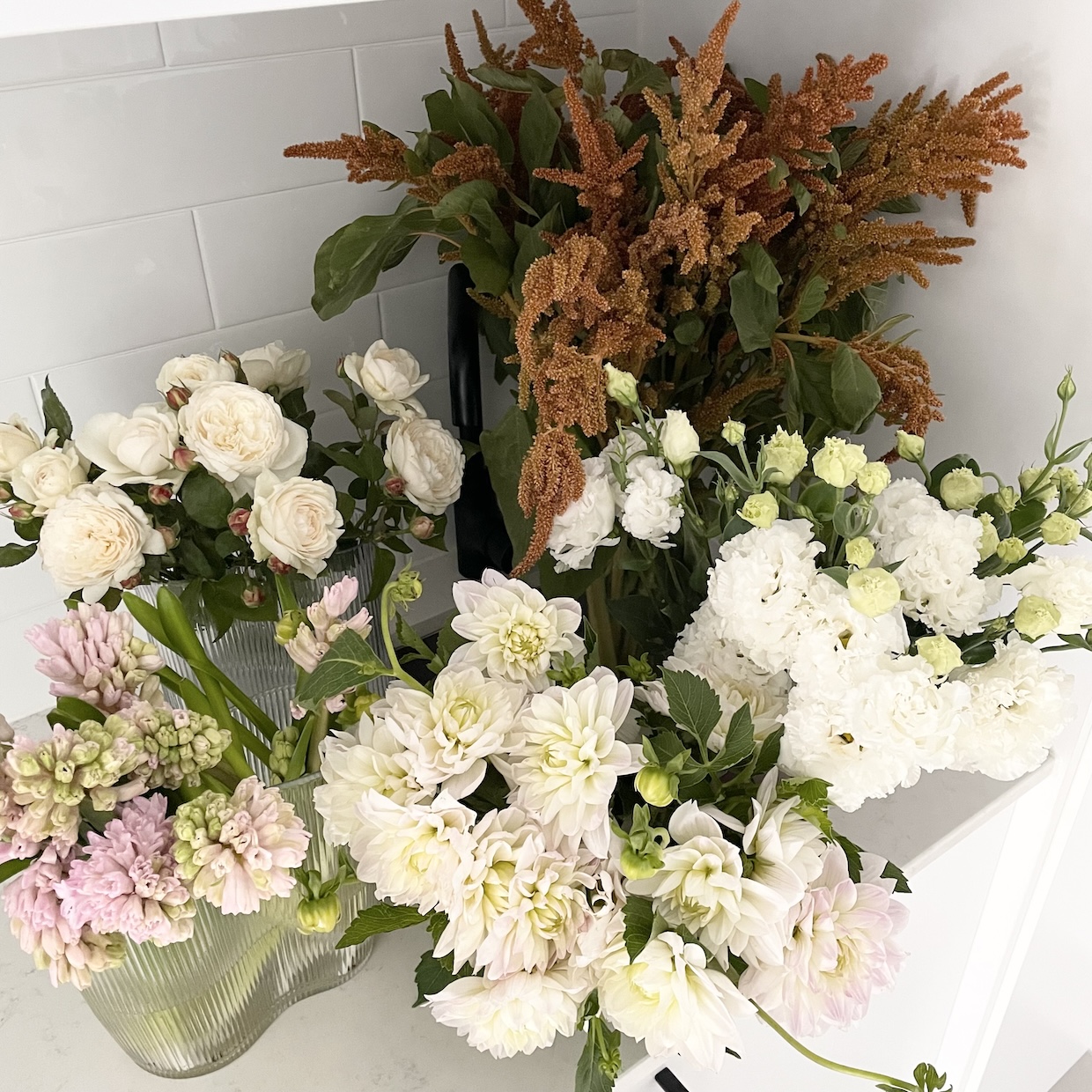 Locally grown flowers dahlias, Amaranthus, David Austin Garden Roses, hyacinth, and lisianthus at Carrara florist LULLY &amp; ROSE Floral Studio